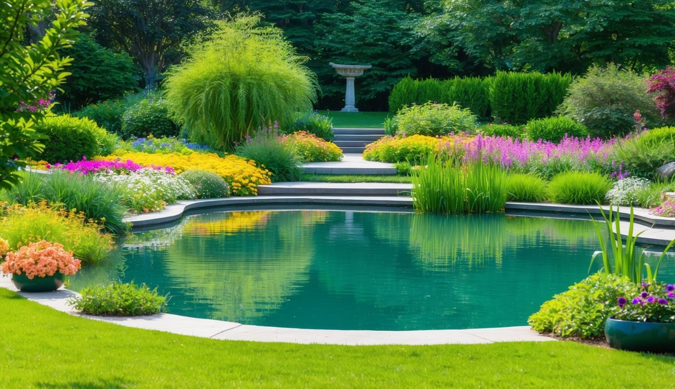 A serene garden with a tranquil pond, surrounded by colorful flowers and lush greenery, radiating a sense of peace and spiritual balance