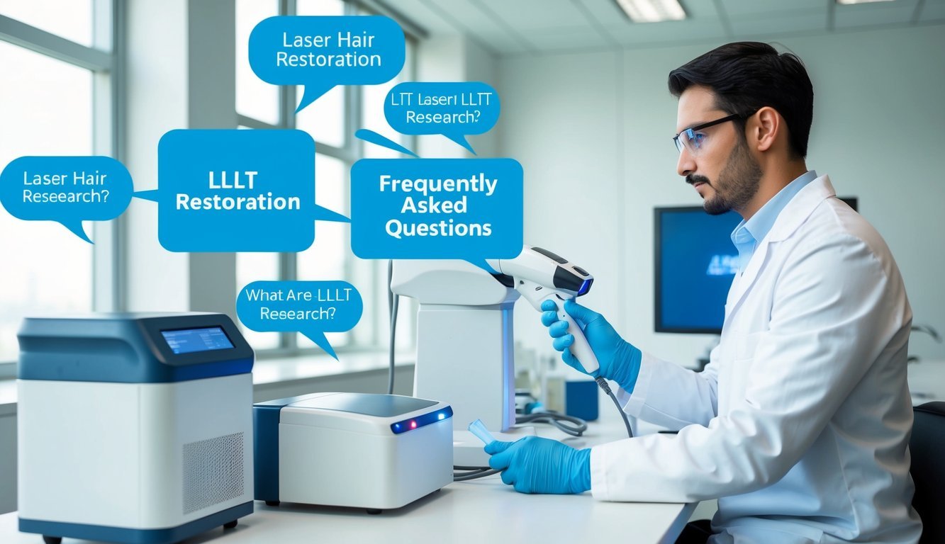 A scientist conducting laser hair restoration research with LLLT equipment and frequently asked questions displayed