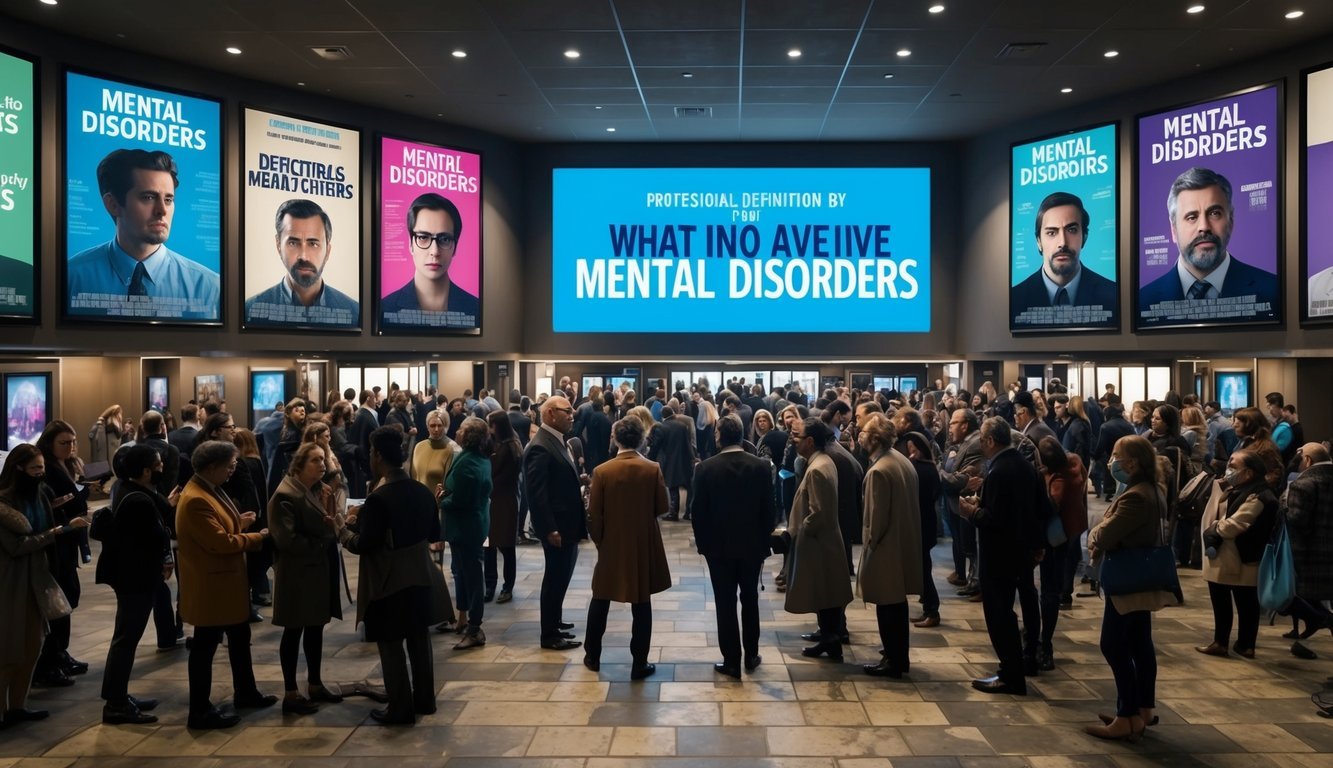 A chaotic movie theater lobby with posters of films depicting various mental disorders.</p><p>Crowds gather around, drawn to the controversial and thought-provoking subject matter