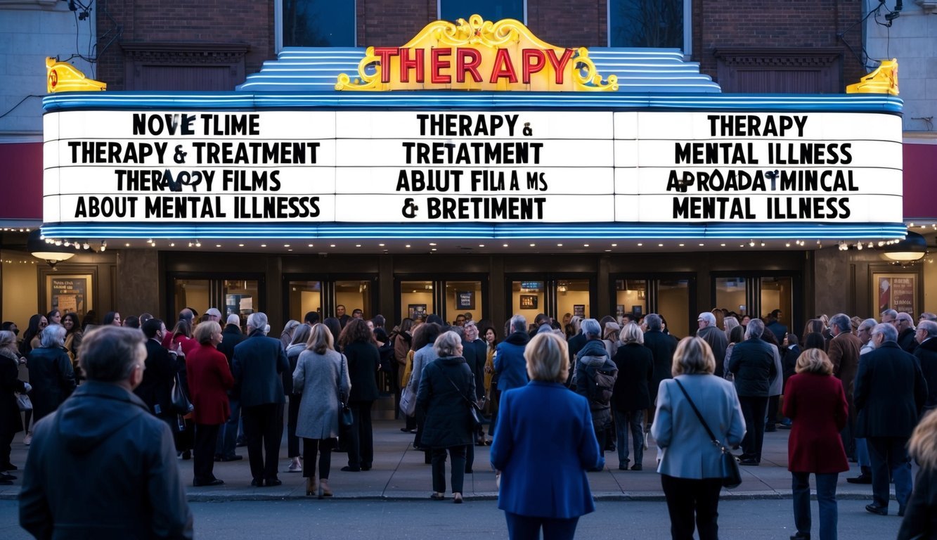 A movie theater marquee displays titles of therapy and treatment films about mental illness, drawing a large crowd