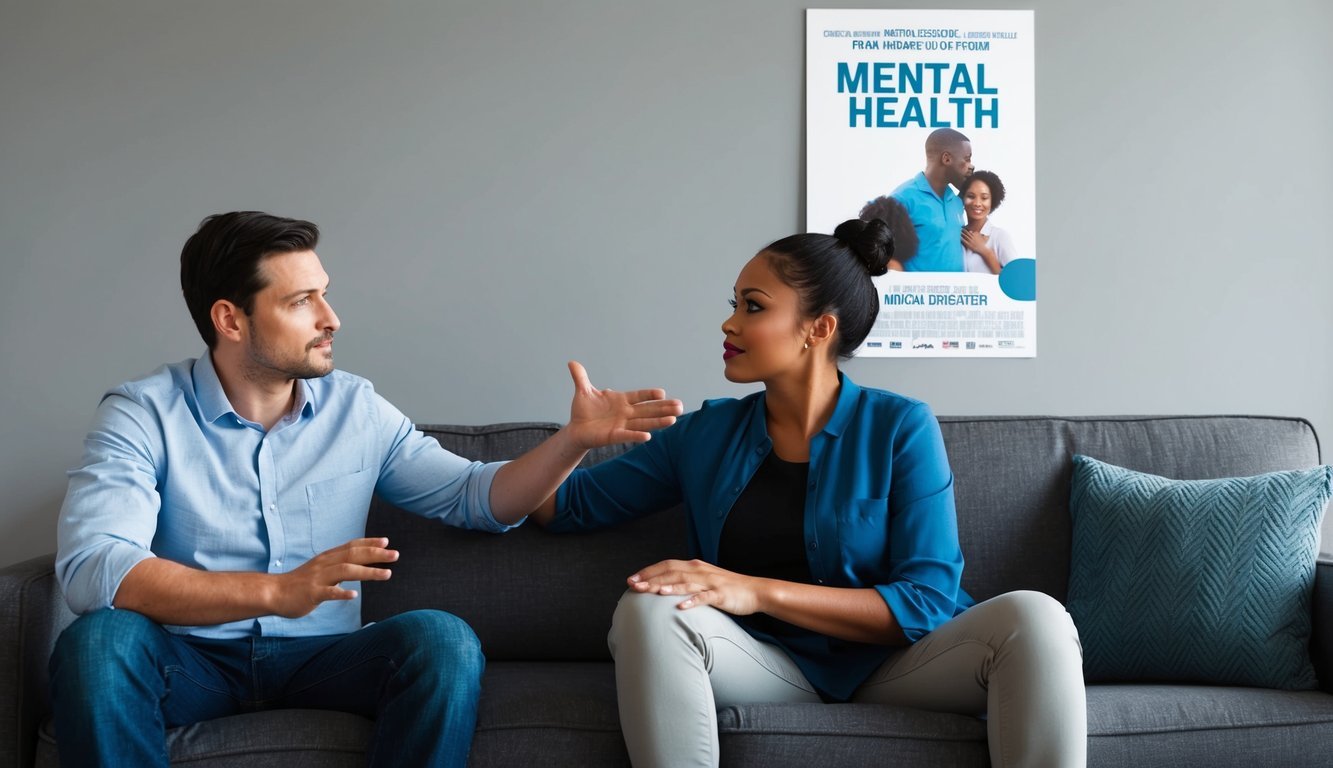 A couple sits on a couch, one looking distant while the other reaches out in concern.</p><p>A movie poster about mental health hangs on the wall
