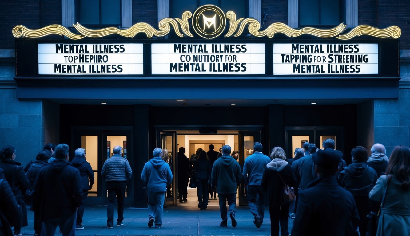 A dark and moody movie theater marquee displaying titles related to mental illness, with a crowd of people entering for a screening