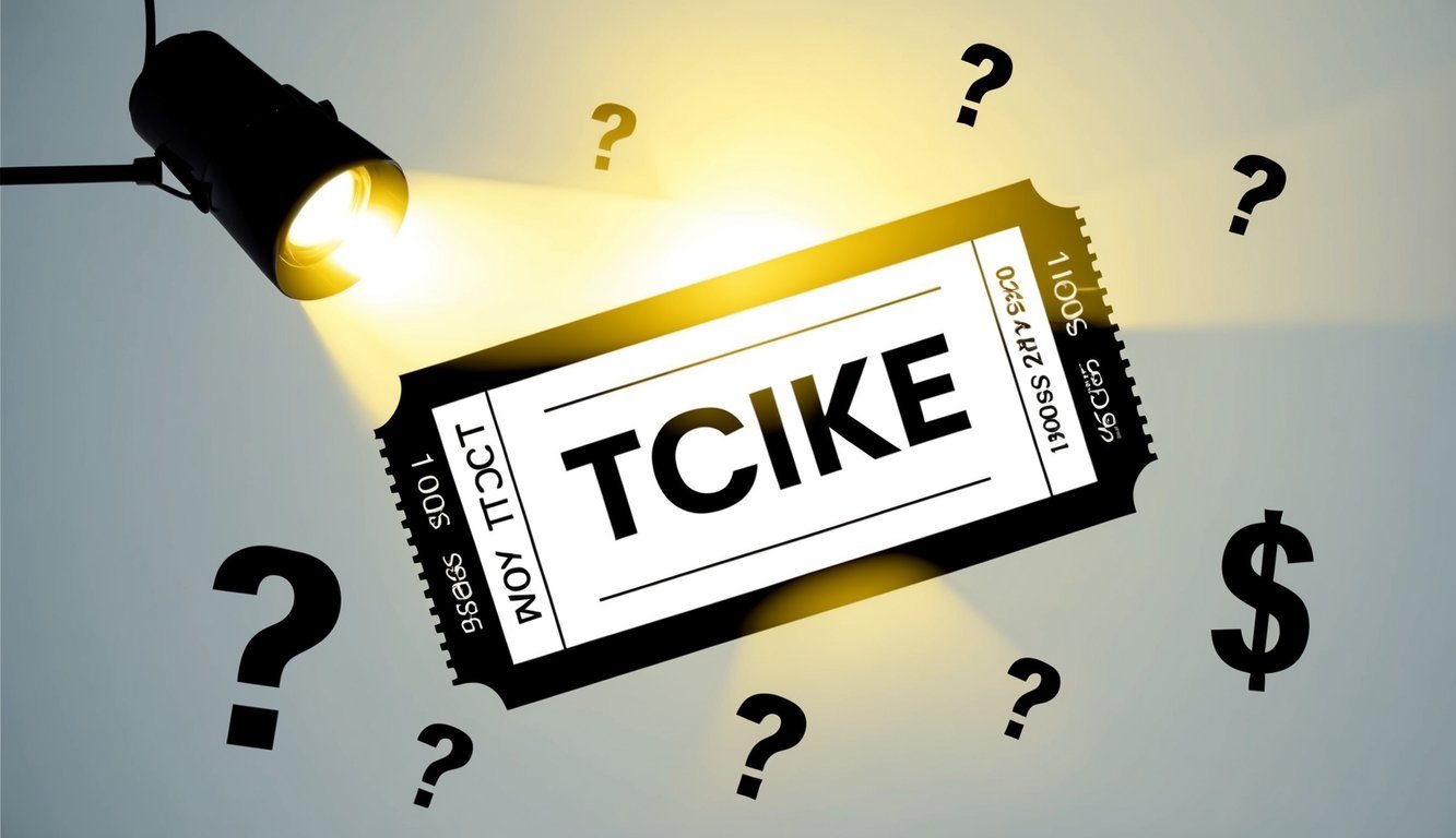 A movie ticket with a spotlight shining on it, surrounded by question marks and dollar signs