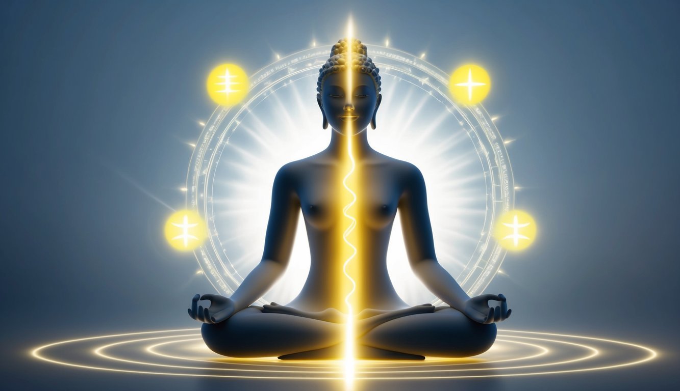 A serene figure surrounded by glowing symbols and light, emanating a sense of peace and enlightenment