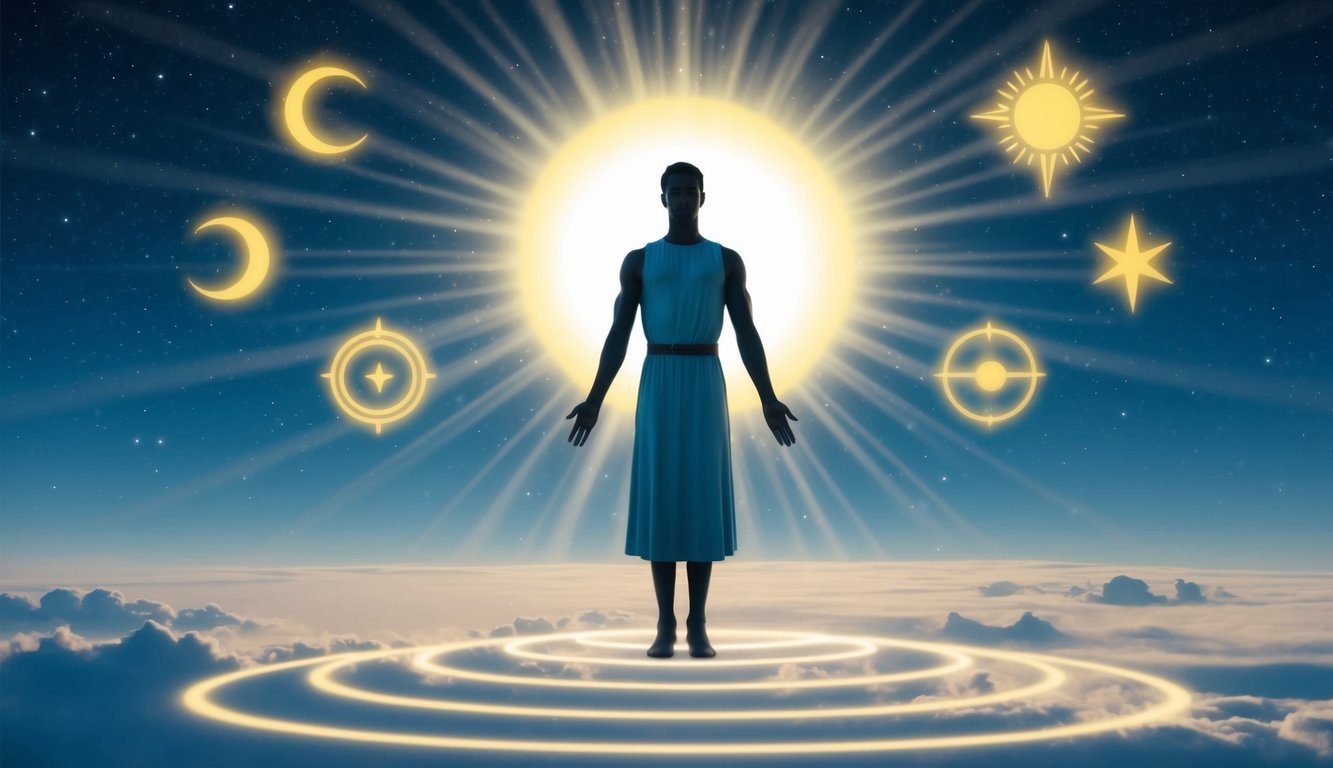 A figure standing beneath a glowing halo, surrounded by celestial symbols and rays of light