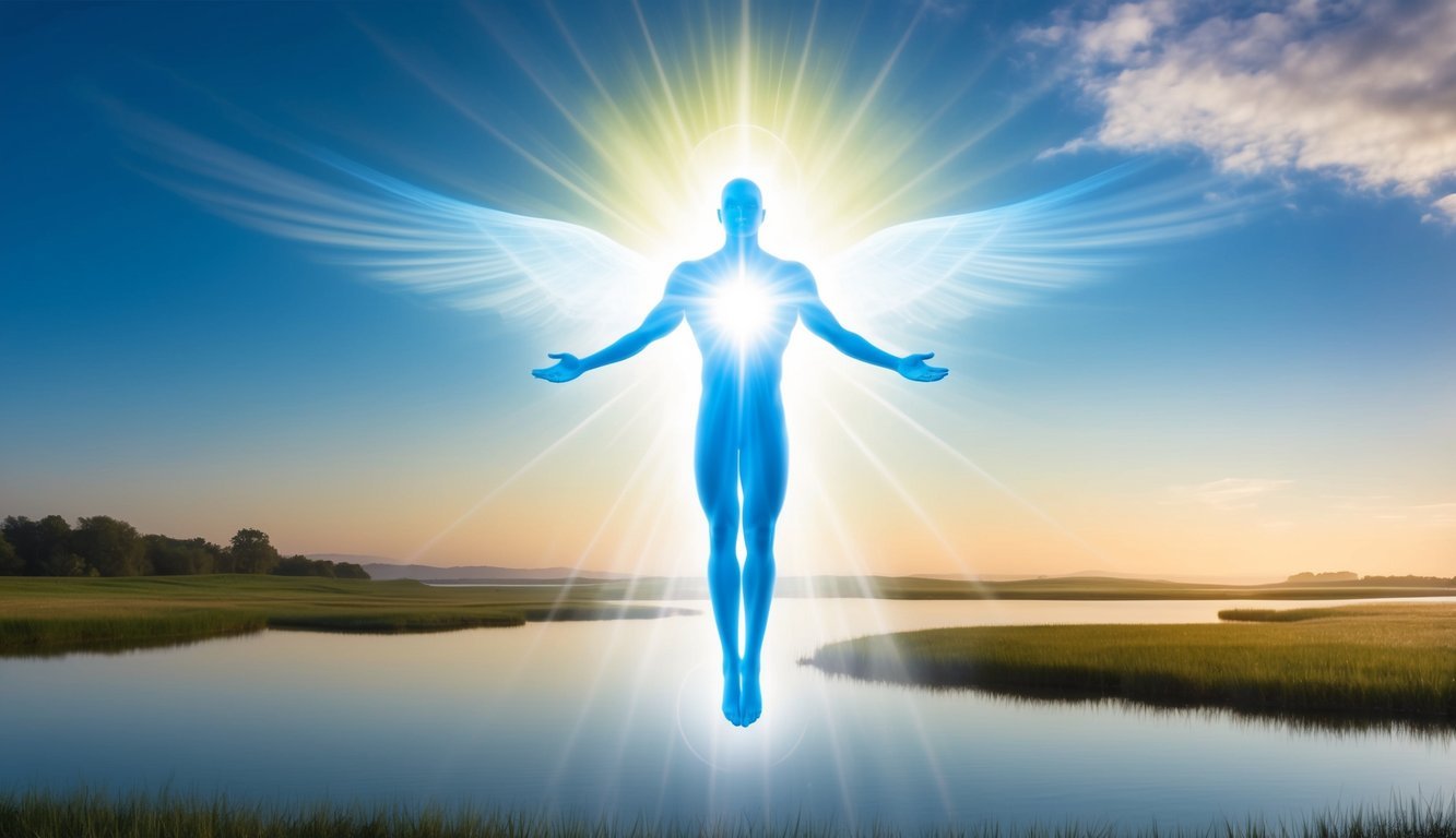 A bright, celestial figure hovers above a tranquil landscape, radiating divine energy and guidance