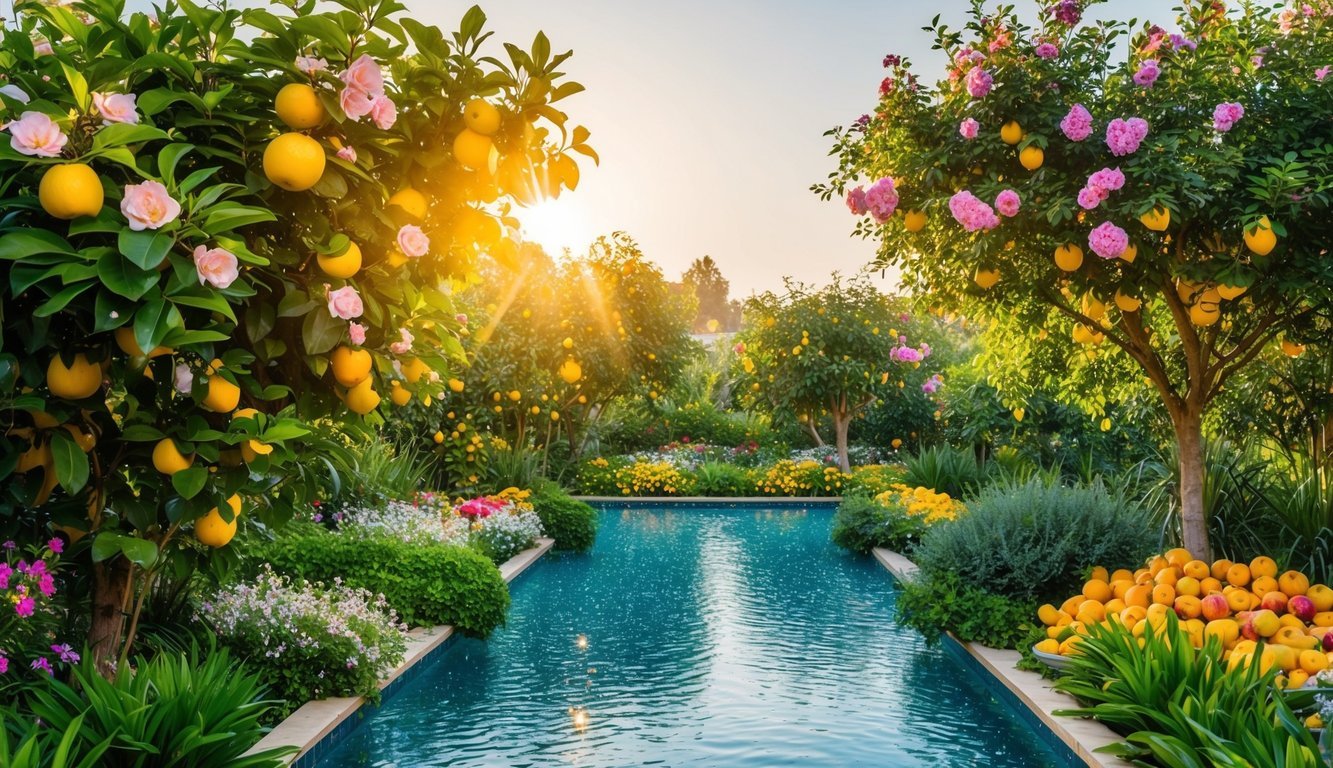 A lush garden with blooming flowers and ripe fruit, surrounded by golden light and sparkling water