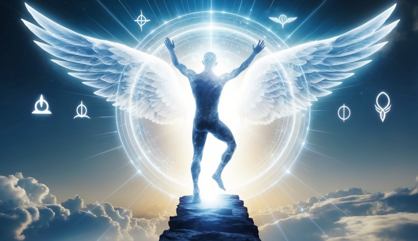 A figure surrounded by ethereal light, reaching towards a celestial gateway, with angelic symbols and divine energy radiating around them