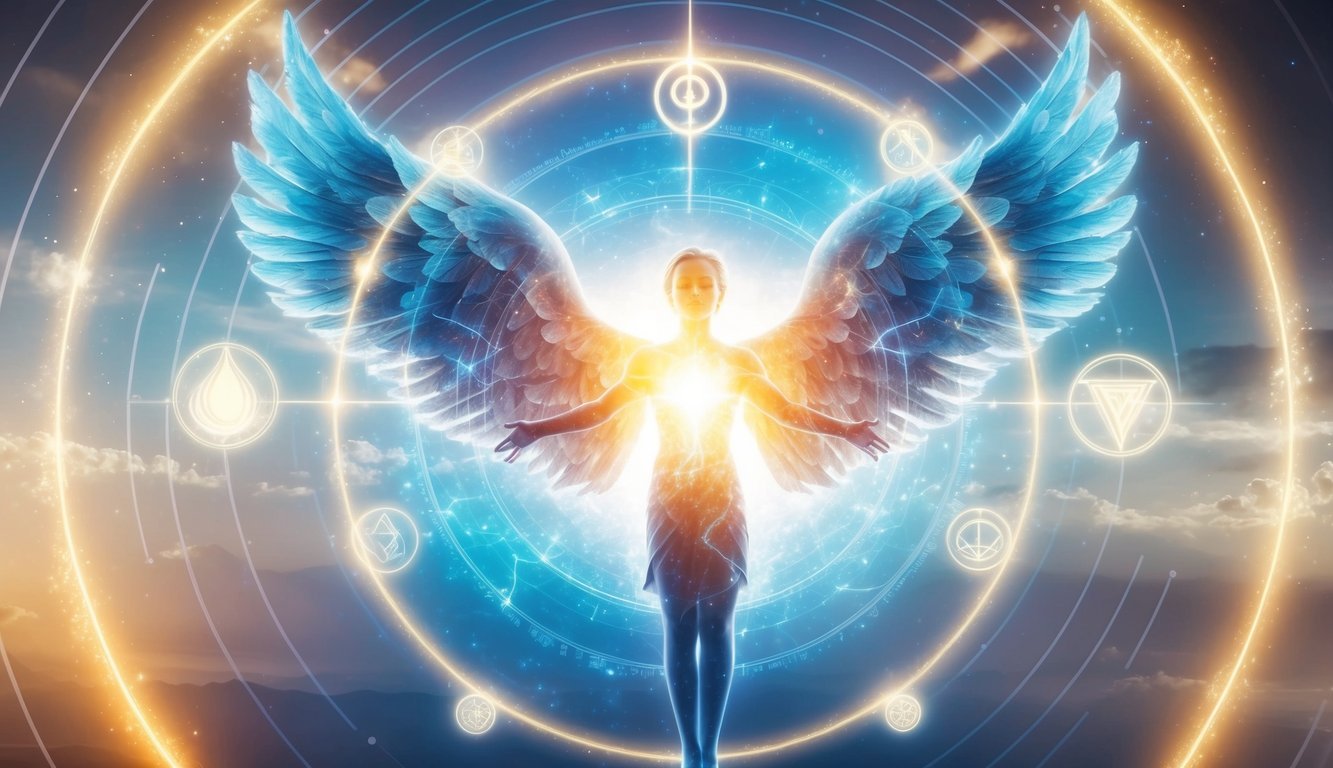 A glowing angelic figure surrounded by celestial symbols and energy