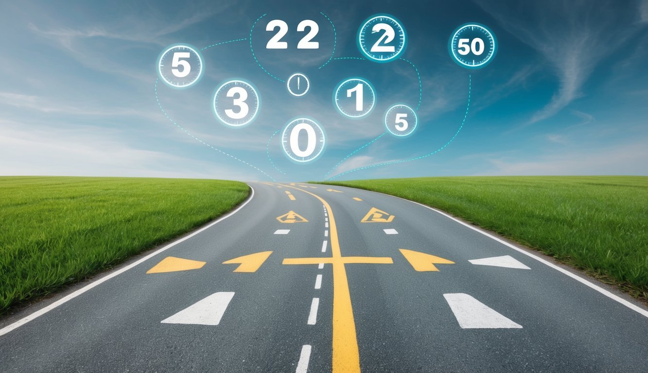 A winding path leads to a crossroads, with numbers and symbols hovering above, representing different life paths and destinies