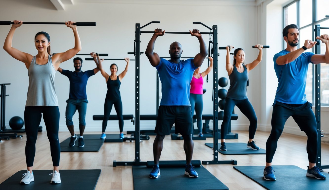 A diverse set of individuals performing exercises on various equipment in a gym setting, demonstrating balance and coordination