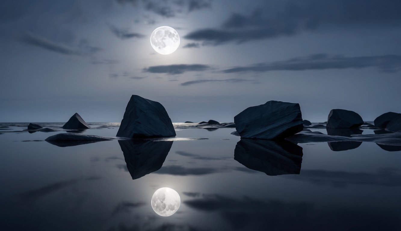 The moonlight casts shadows on the smooth surface of the obsidian, creating mysterious reflections