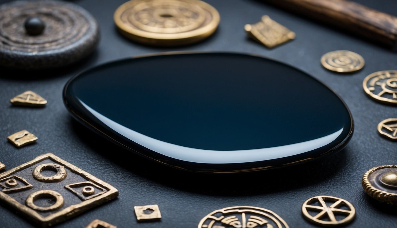 A dark, shiny piece of obsidian surrounded by ancient artifacts and symbols, evoking a sense of mystery and power