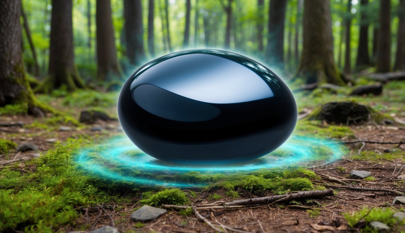 A serene forest clearing with a large, gleaming obsidian stone emitting a soft, otherworldly glow, surrounded by vibrant, healing energy