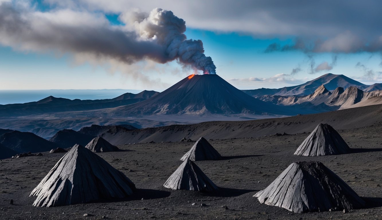 A rugged mountain landscape with a smoking volcano, surrounded by sharp, black obsidian formations