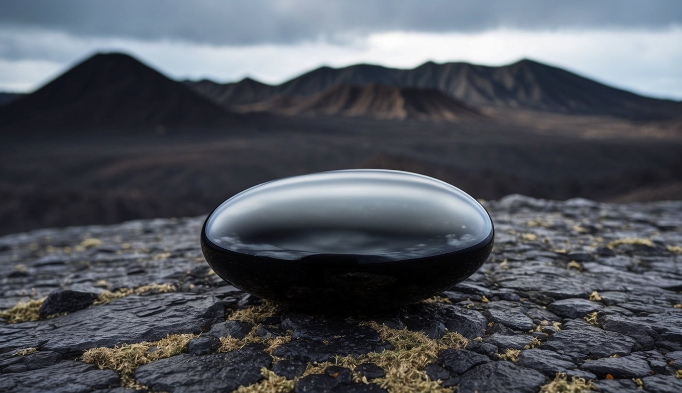 A dark, glassy obsidian stone sits on a rugged volcanic landscape, shrouded in mystery