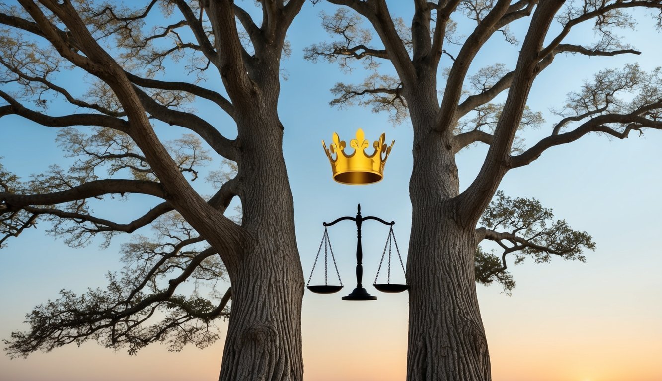 Two intertwined oak trees stand tall, their branches reaching towards the sky.</p><p>A golden crown rests atop one tree, while the other holds a set of balancing scales