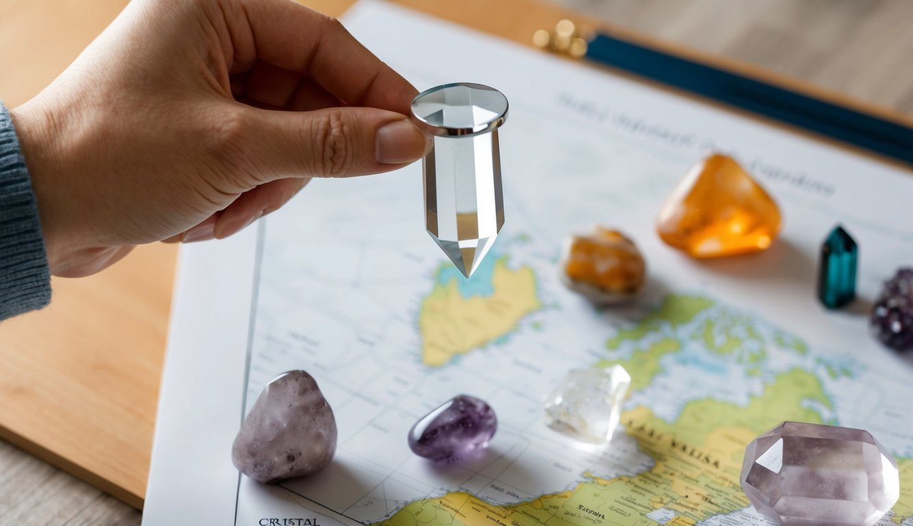 A hand holding a crystal pendulum over a table with a map and various crystals