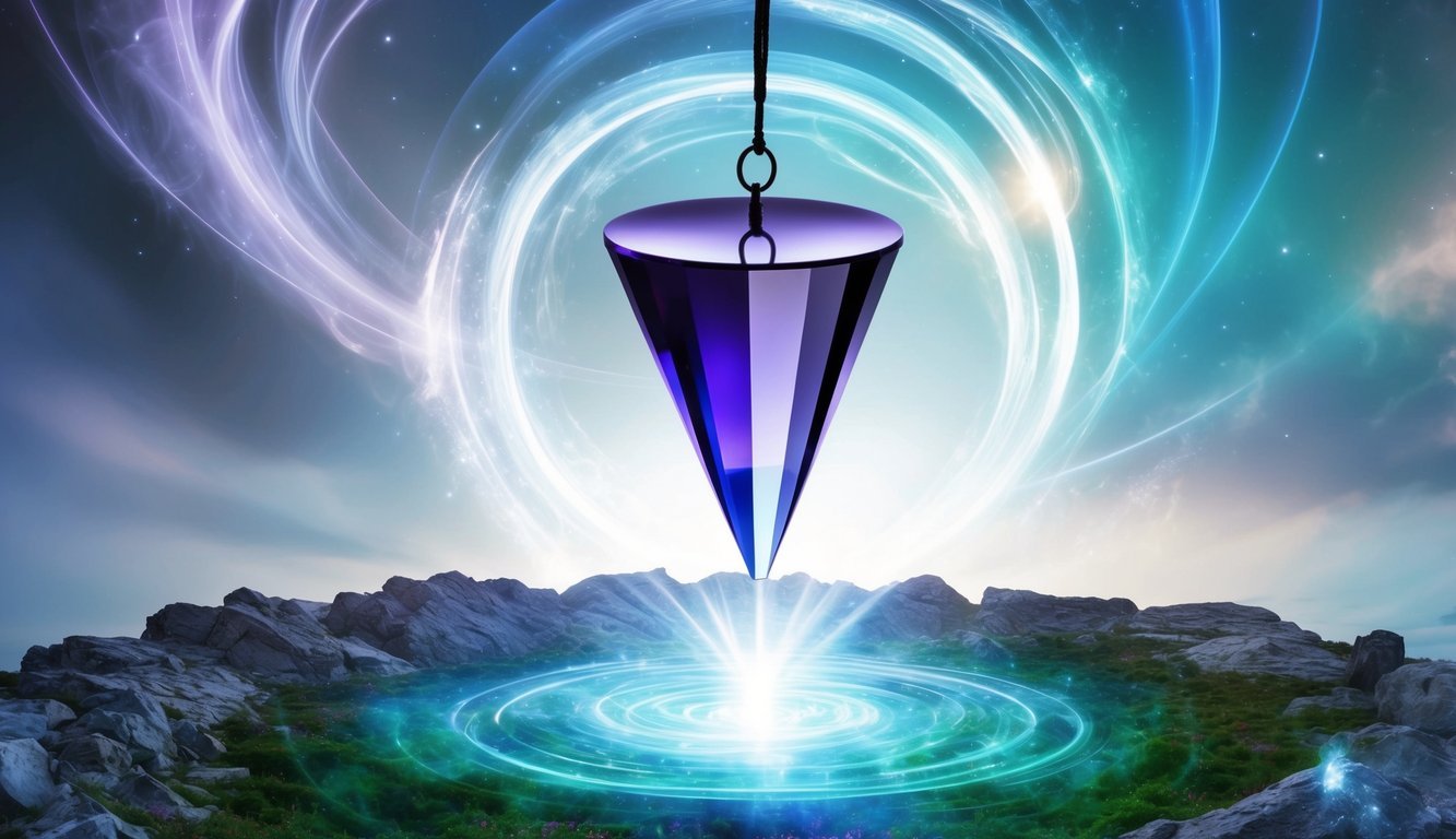 A crystal pendulum hovers over a mystical scene, surrounded by swirling energy and ethereal light