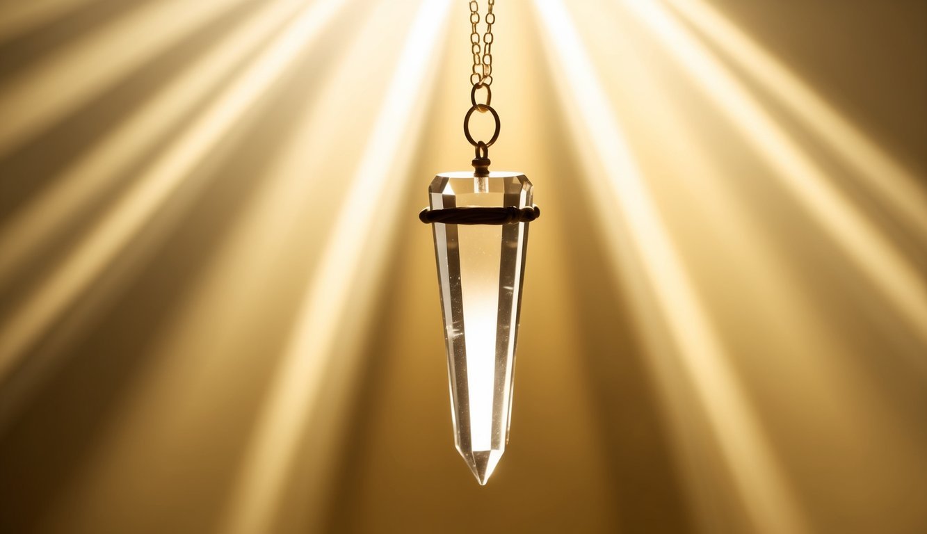 A crystal pendulum suspended in a beam of soft, golden light, radiating a sense of calm and healing energy