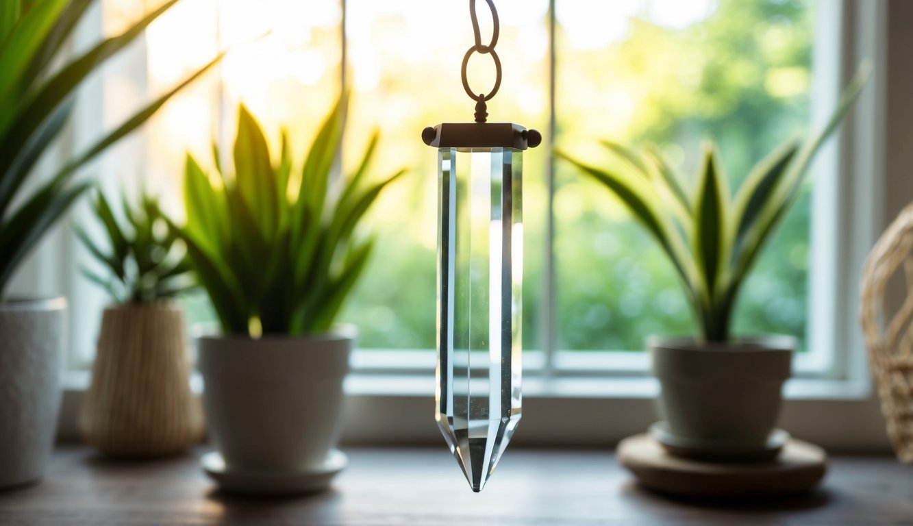 A crystal pendulum hanging from a hook, swaying gently in a sunlit room with plants and natural decor