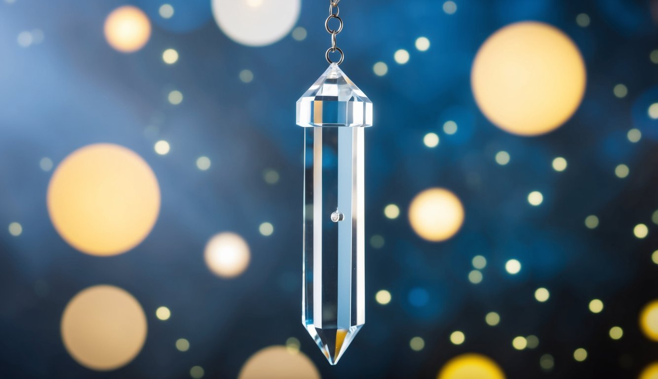 A crystal pendulum suspended in mid-air, surrounded by glowing orbs and twinkling stars