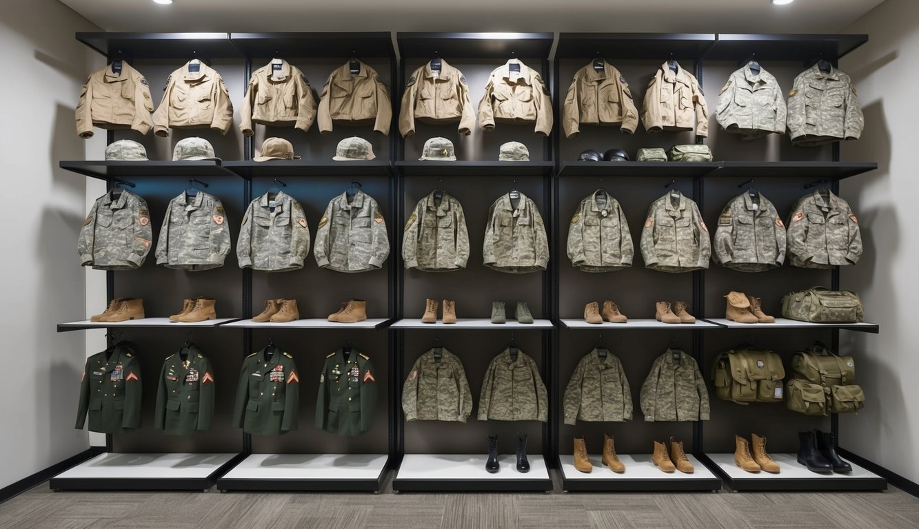 A neatly organized display of army clothing and equipment on shelves and racks