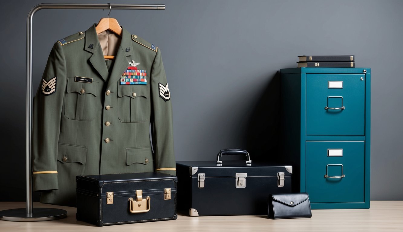 A military uniform hung on a hanger, surrounded by a locked briefcase and a secure file cabinet