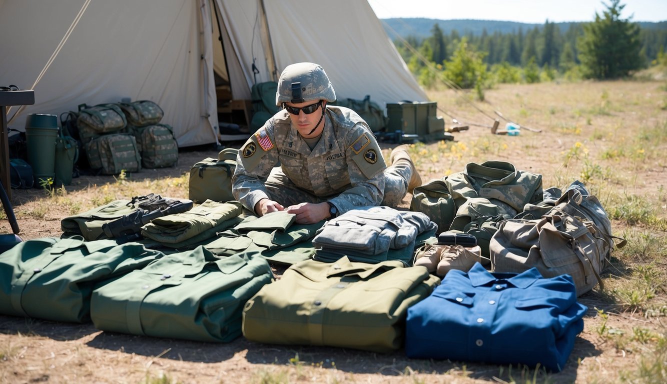 A soldier lays out army gear, including clothing and equipment, in a neat and organized manner at a campsite