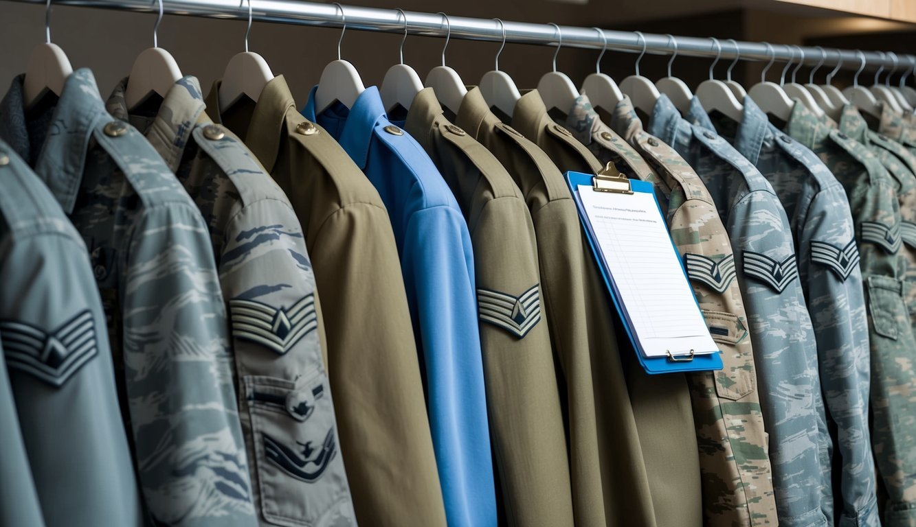 A neat row of military uniforms hung on racks, with a clipboard and pen for recording clothing issuance