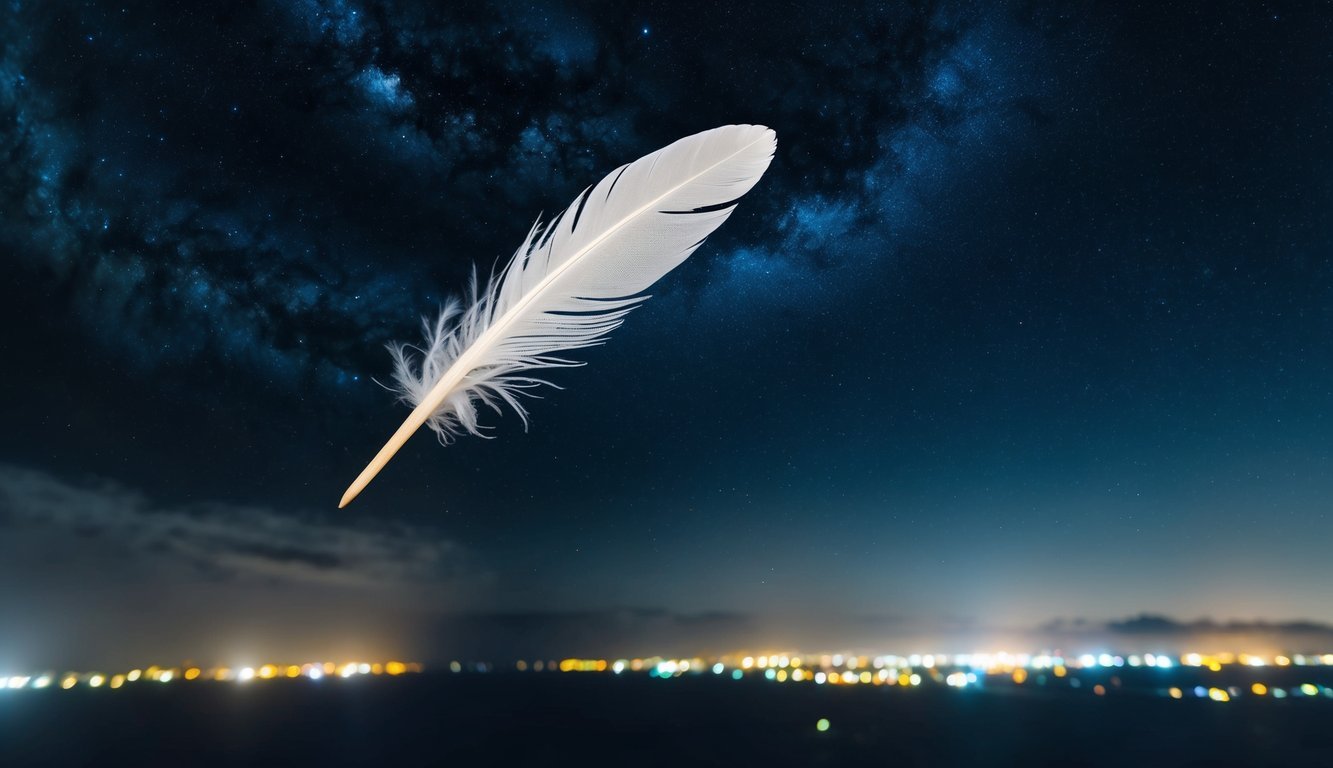 A lone feather drifting through a dark, starry sky, surrounded by swirling clouds and distant city lights