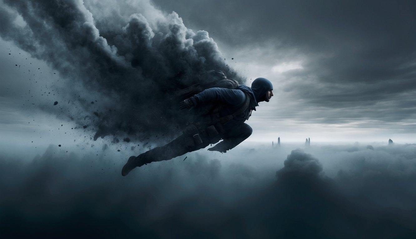 A figure plummets through a dark abyss, surrounded by swirling clouds and distant, indistinct shapes