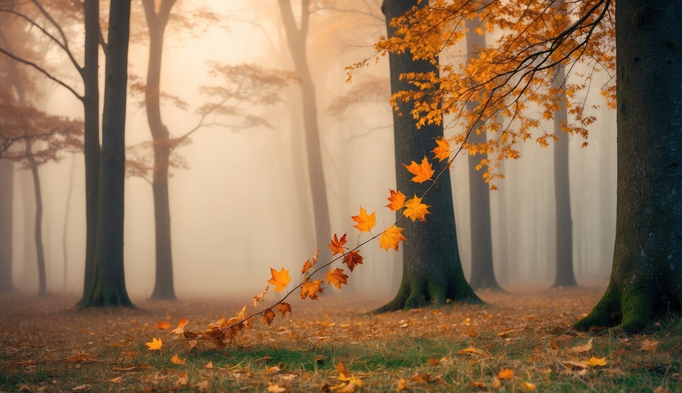 A lone leaf spirals down through a misty forest, surrounded by the warm hues of autumn
