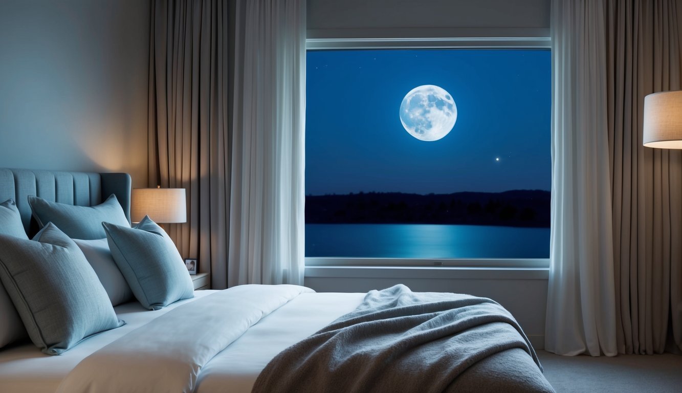 A serene bedroom with a cozy bed, soft pillows, and dim lighting.</p><p>A tranquil night sky outside the window, with a full moon casting a gentle glow