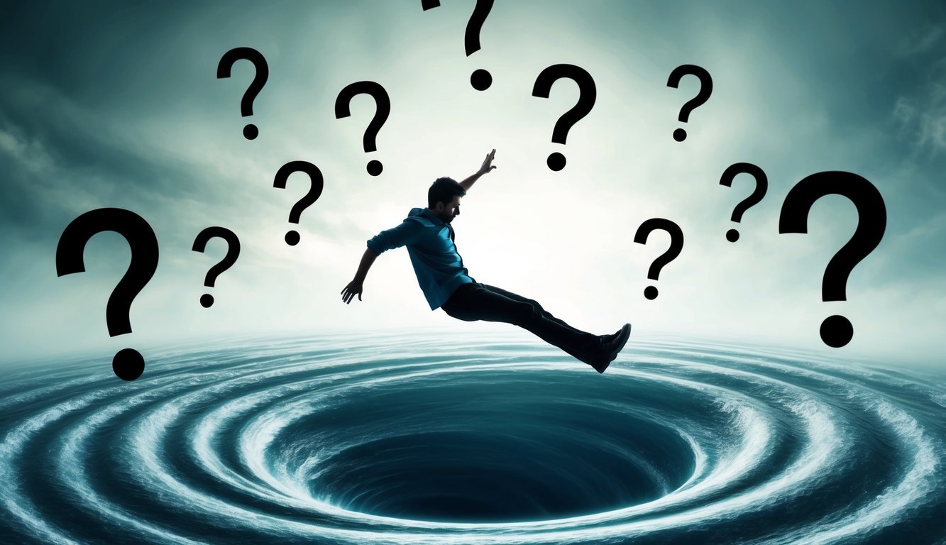 A person falling through a swirling, dreamlike abyss surrounded by floating question marks