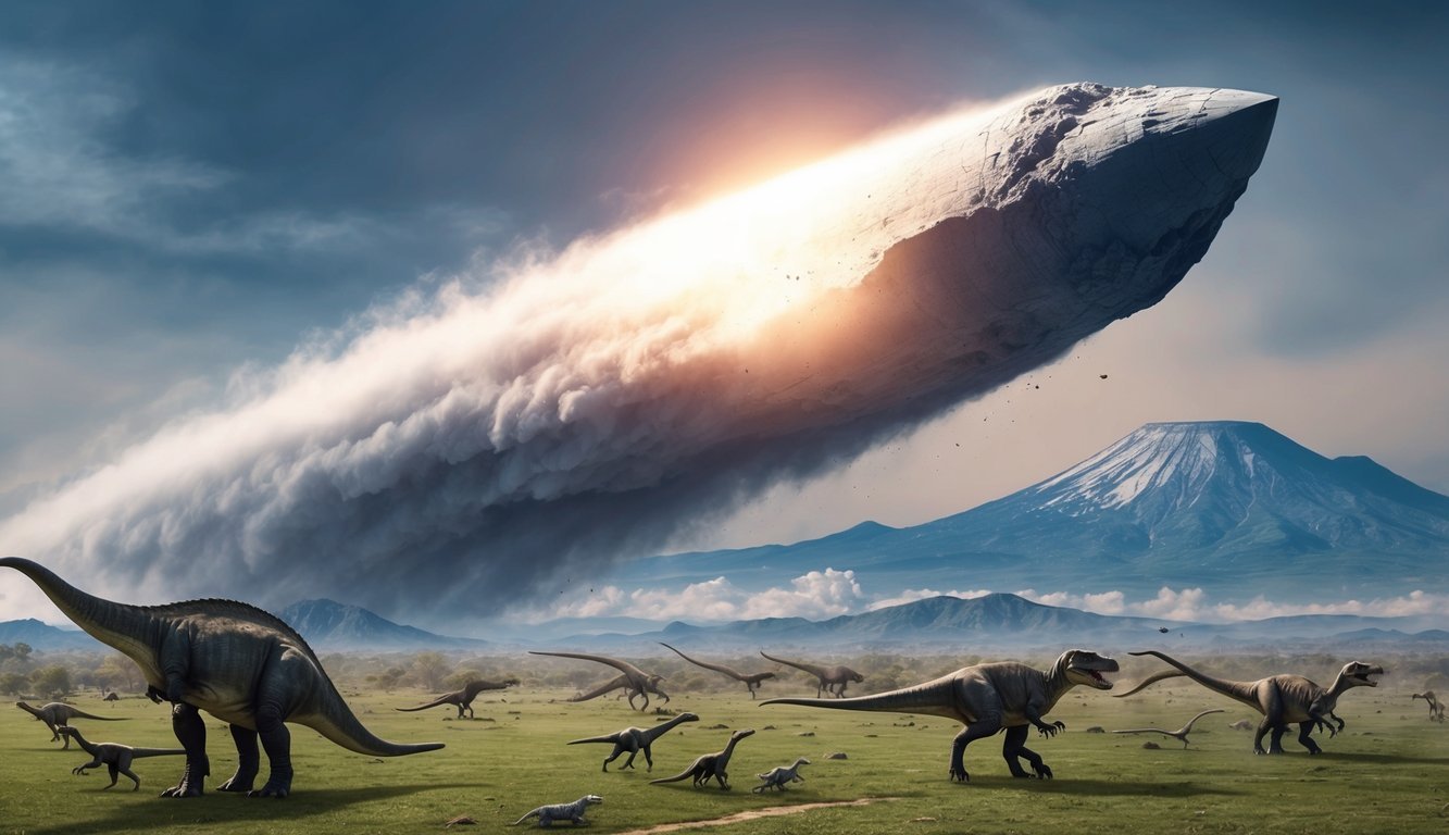 A comet hurtles towards Earth, leaving destruction in its wake as dinosaurs roam below