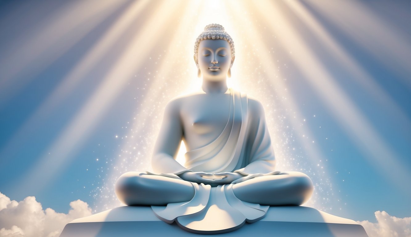A serene figure surrounded by beams of light, with a sense of clarity and understanding emanating from within