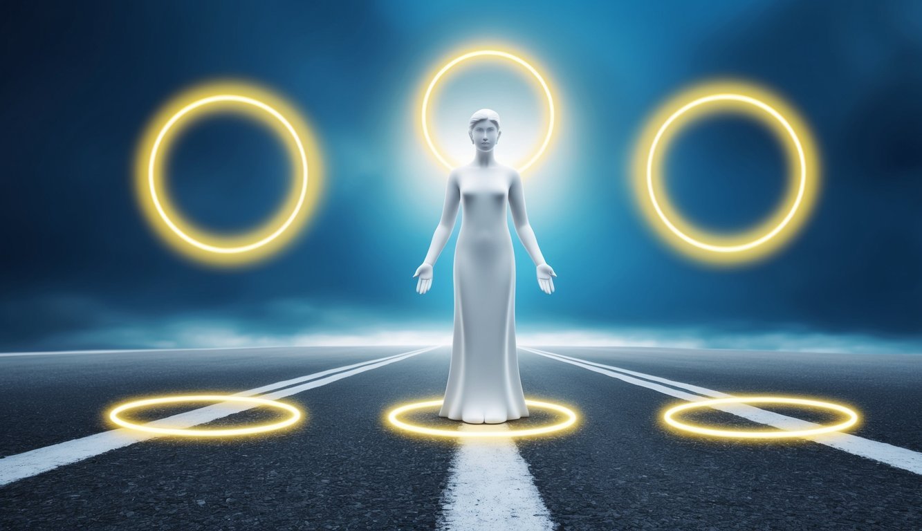 A serene figure stands at a crossroads, with three distinct paths leading in different directions.</p><p>Each path is surrounded by a glowing halo, symbolizing the impact of 313 on life paths and relationships