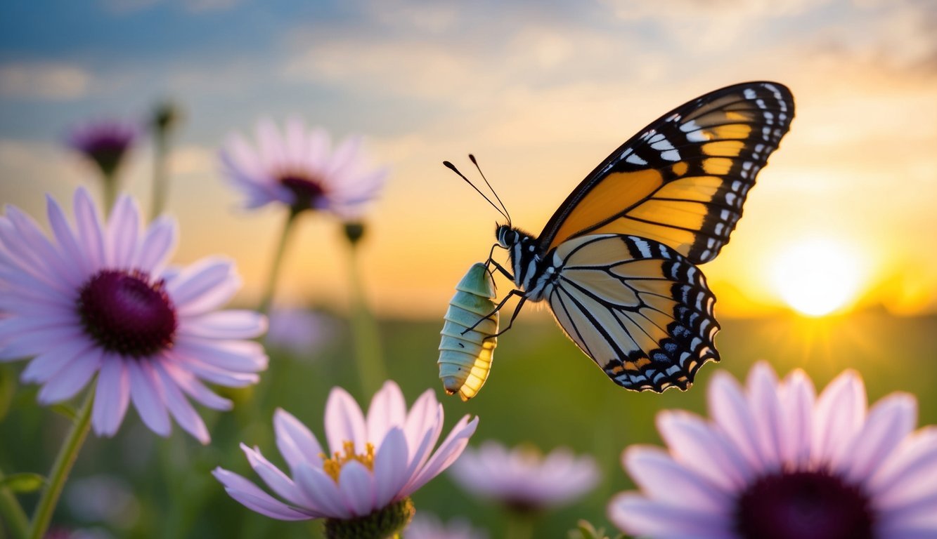 A butterfly emerging from a chrysalis, surrounded by blooming flowers and a sunrise