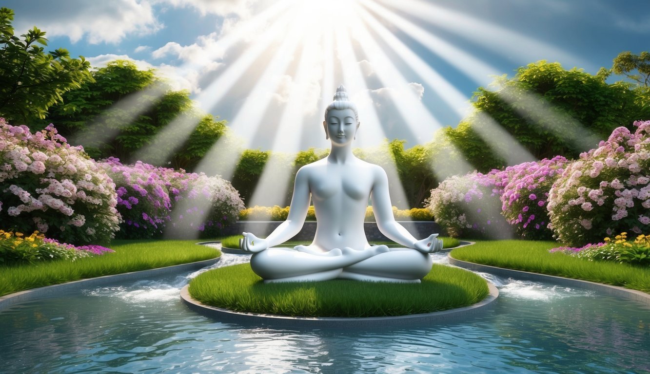 A serene figure meditates in a lush garden, surrounded by blooming flowers and flowing water, with rays of sunlight breaking through the clouds above