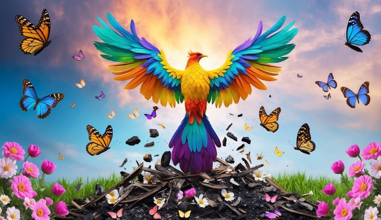 A colorful phoenix rising from ashes, surrounded by blooming flowers and vibrant butterflies