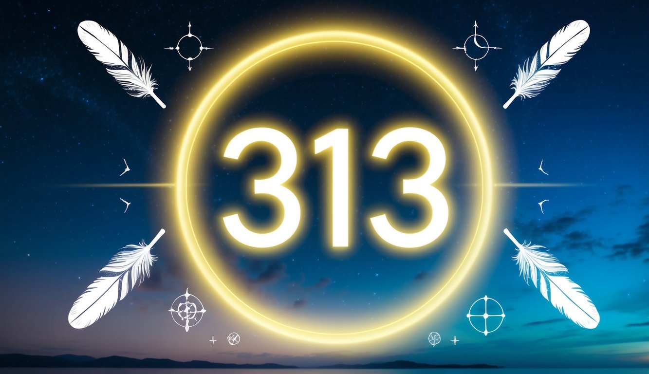 A glowing halo of light surrounds the number 313, with celestial symbols and feathers floating around it