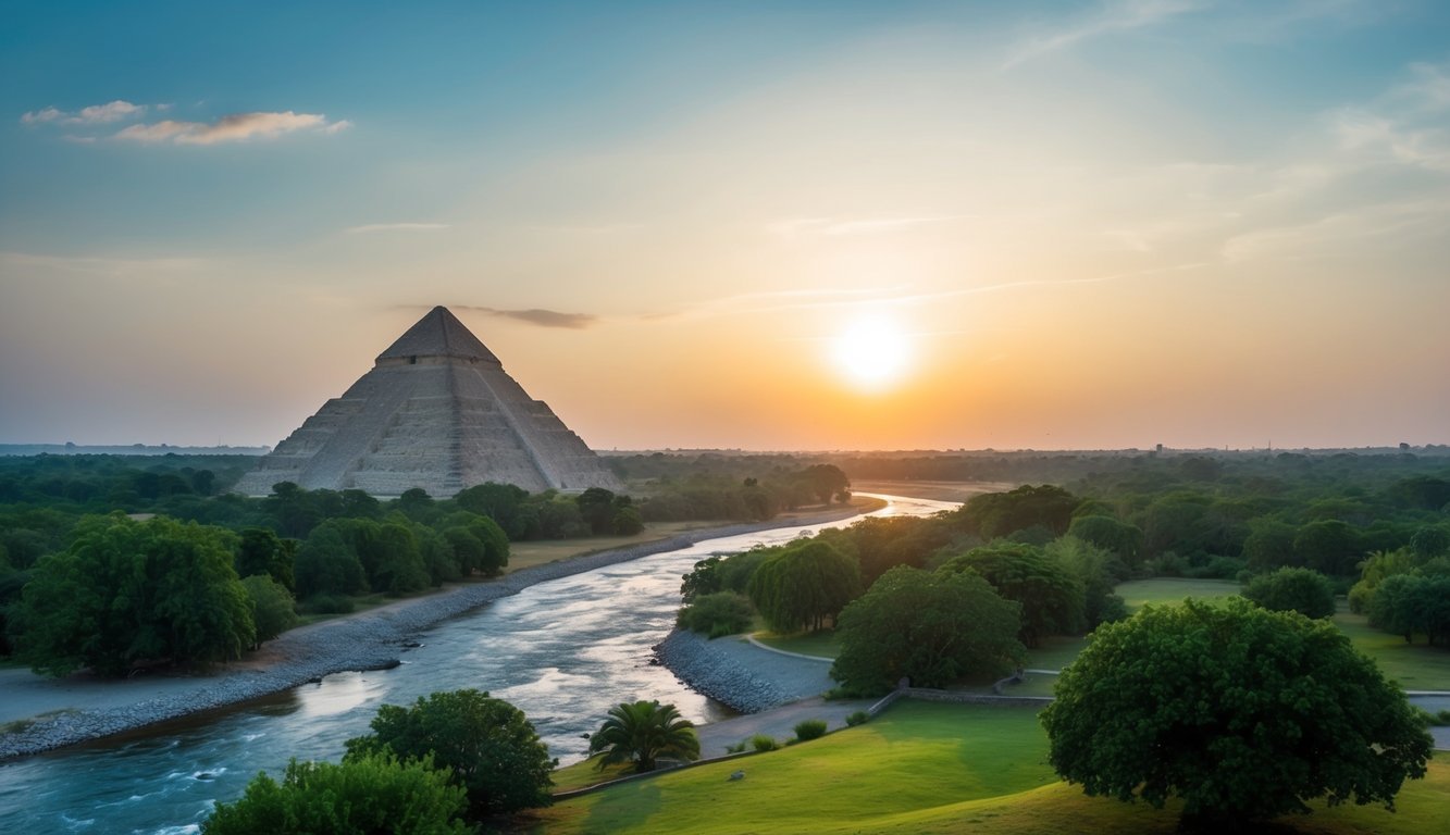 A serene landscape with the sun rising over a pyramid, surrounded by lush greenery and a flowing river, symbolizing the core principles and beliefs of Kemetic spirituality