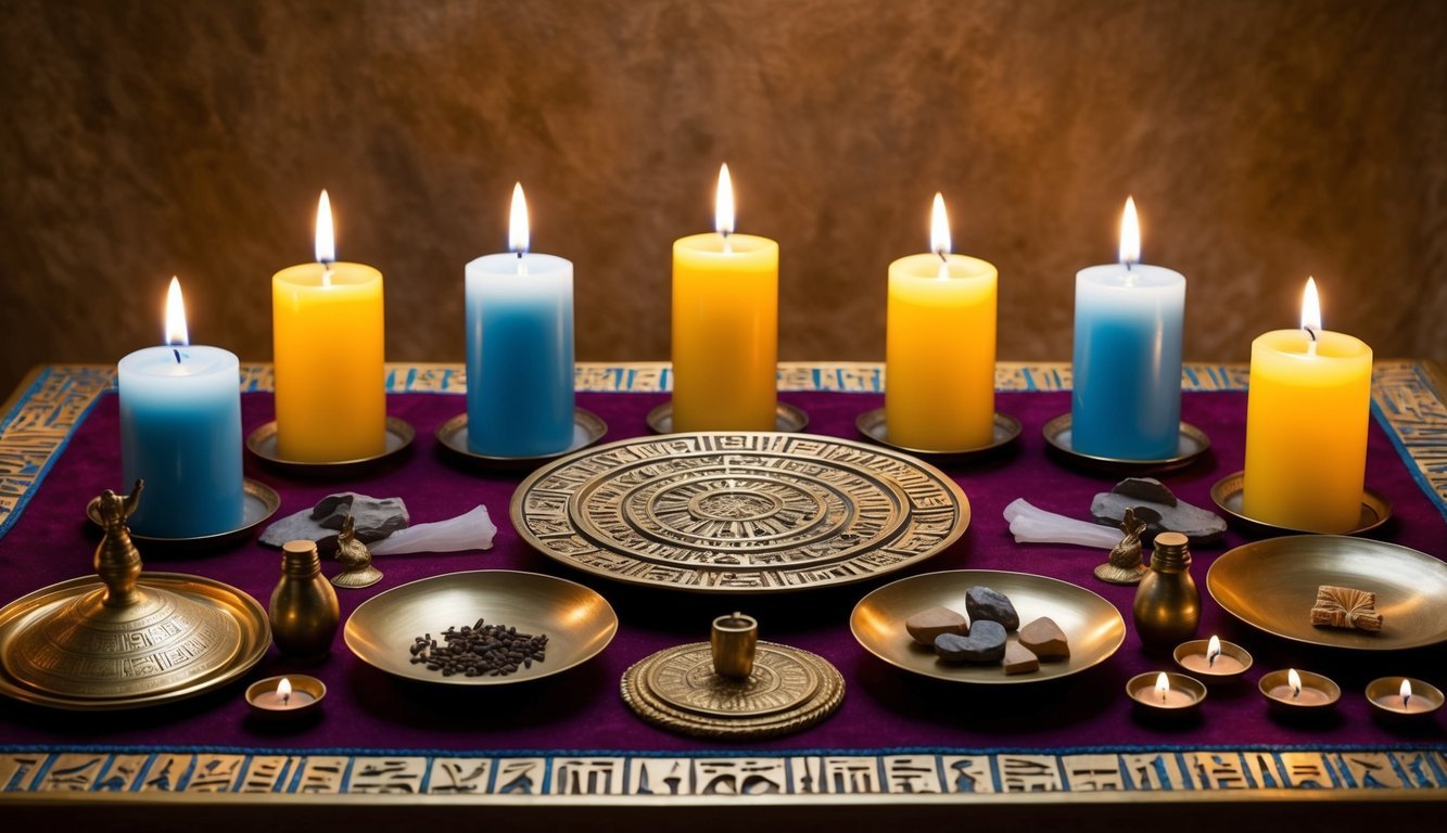 A group of candles, incense, and symbolic objects arranged on an altar for Kemetic spiritual rituals