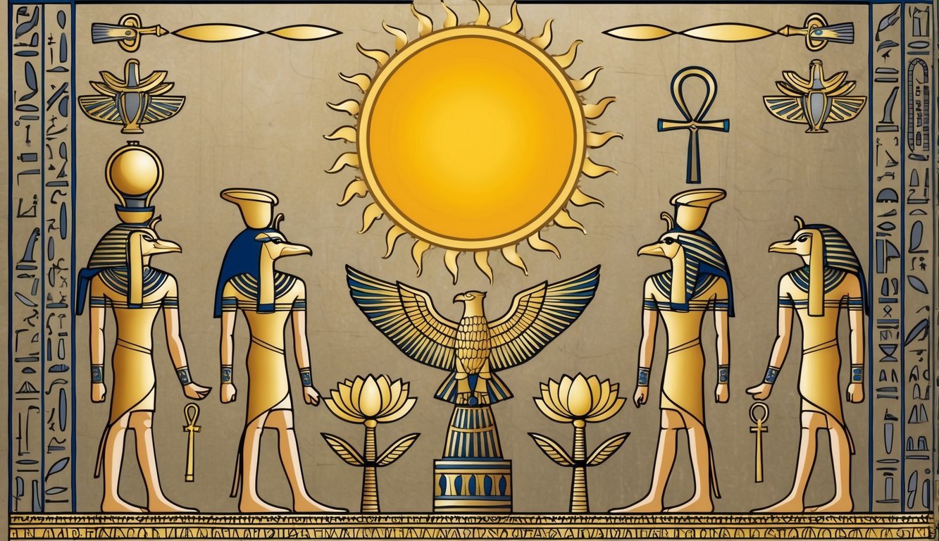 A sun disc hovers above a falcon-headed god, flanked by lotus flowers and an ankh symbol.</p><p>An ibis-headed deity stands nearby, with hieroglyphic inscriptions surrounding the scene