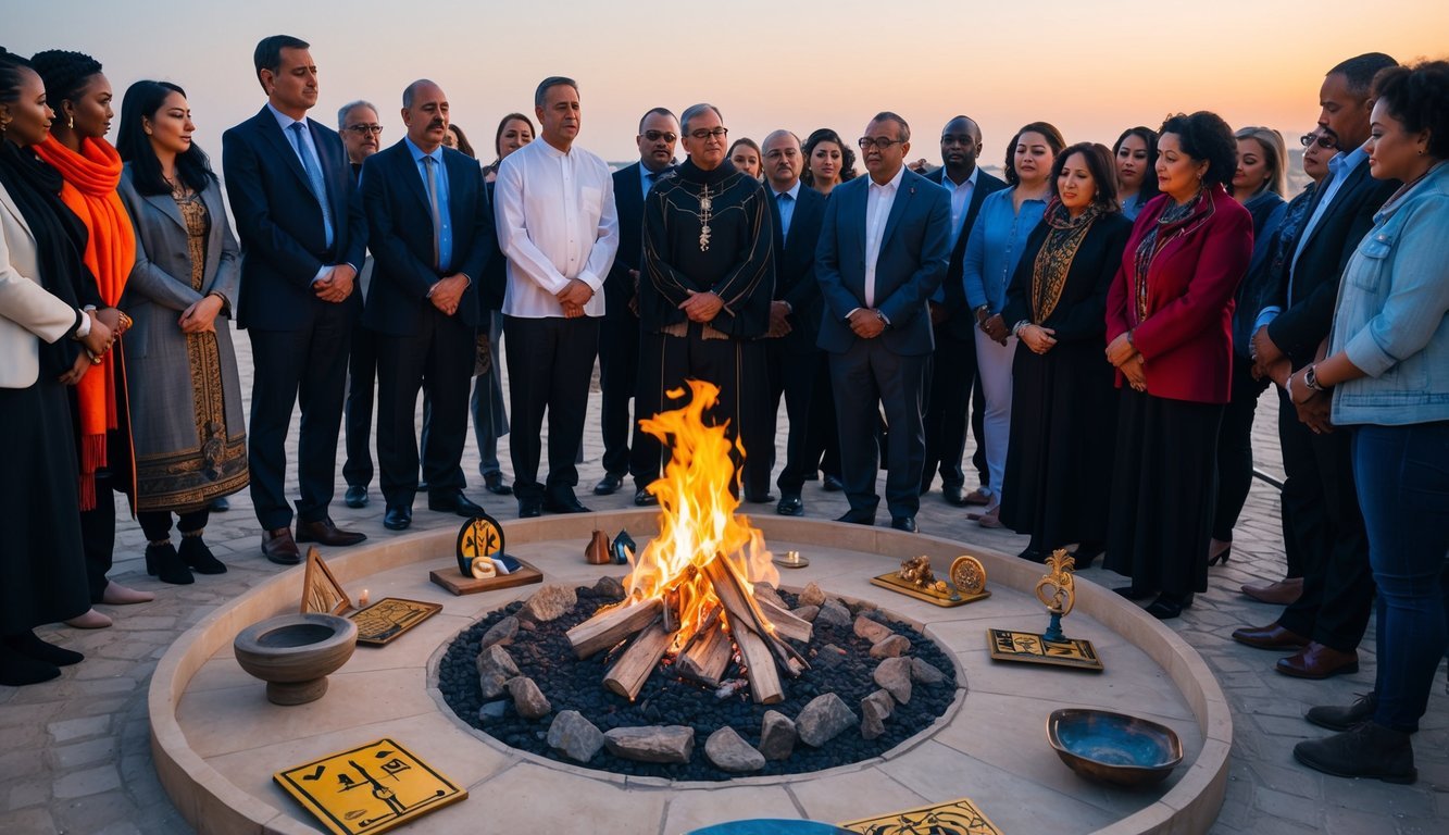 A group of people gather around a sacred fire, listening to a spiritual leader speak about Kemetic spirituality.</p><p>Symbols and artifacts are displayed around the fire