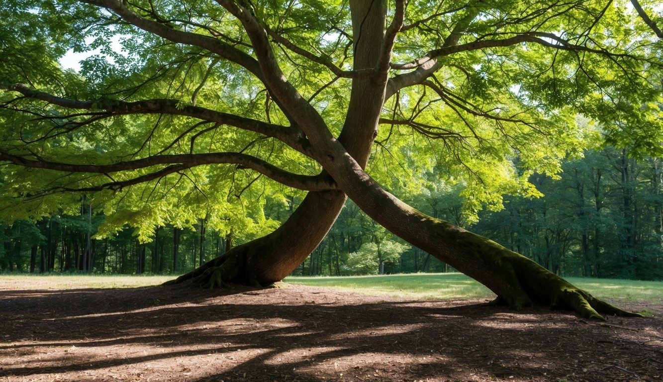 A serene forest clearing with two trees leaning towards each other, their branches intertwining in a gesture of empathy.</p><p>Sunlight filters through the leaves, casting dappled shadows on the ground