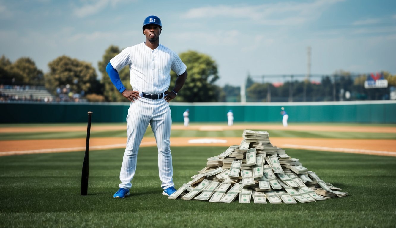 A baseball player stands on a field, one hand on his hip, the other holding a bat.</p><p>A pile of money sits nearby, representing his financial struggles and successes