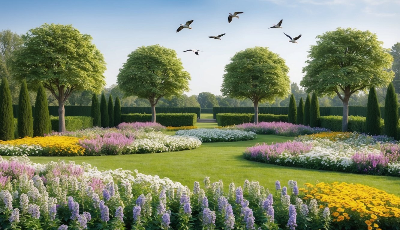 A serene garden with 855 blooming flowers, surrounded by eight trees and five birds in flight