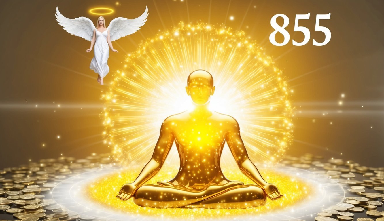 A glowing figure surrounded by golden light, radiating abundance and prosperity, while the 855 angel number hovers above, guiding the energy